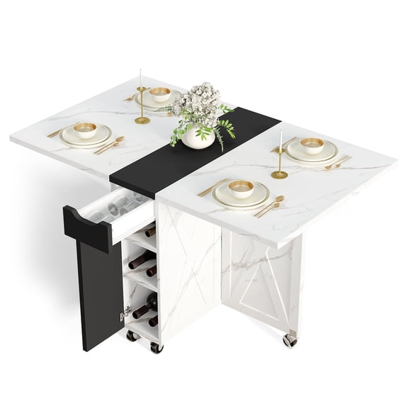 Folding Dining Table, Versatile Foldable Kitchen Dinner Table with Drawer 2 Storage Racks and 6 Wheels, Collapsible Extendable Rectangle Dining Table for Small Spaces