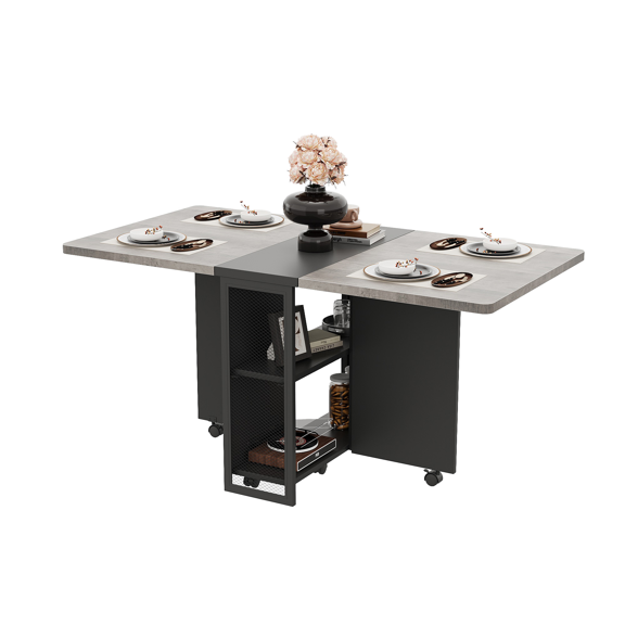 Folding Dining Table with Wheels – Space-Saving Expandable Drop Leaf Table, 2-Tier Storage Shelves – Multifunctional Extension for Kitchen & Living Room