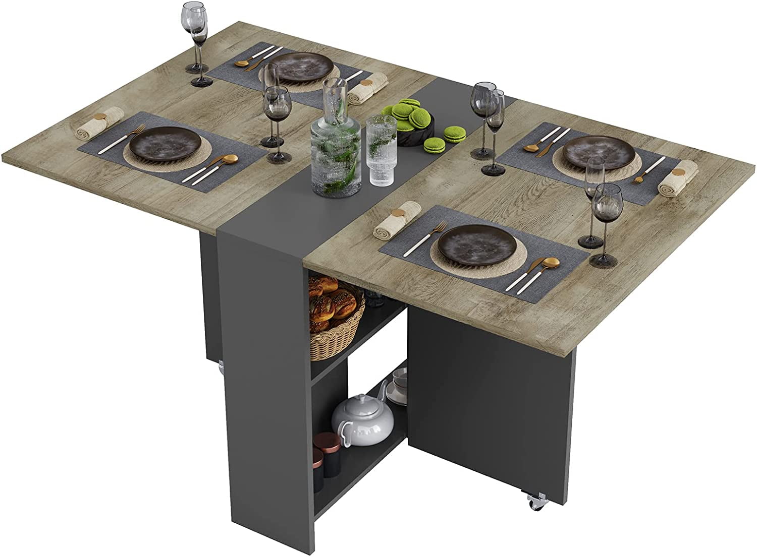 Chestnut and Gray Folding Drop Leaf Dining Table with Storage Racks
