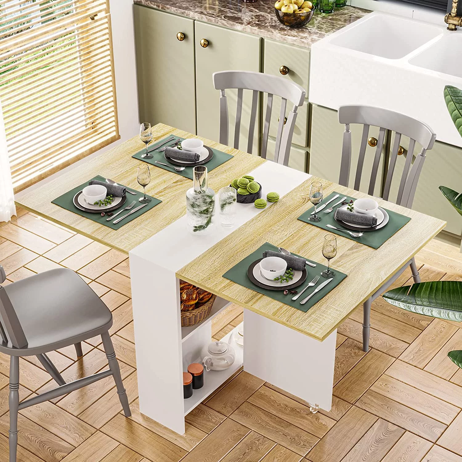 Folding Dining Table with 2 Storage Racks Multifunction Expandable Table with 6 Wheels Drop Leaf Table for Kitchen Bedroom Living Room White