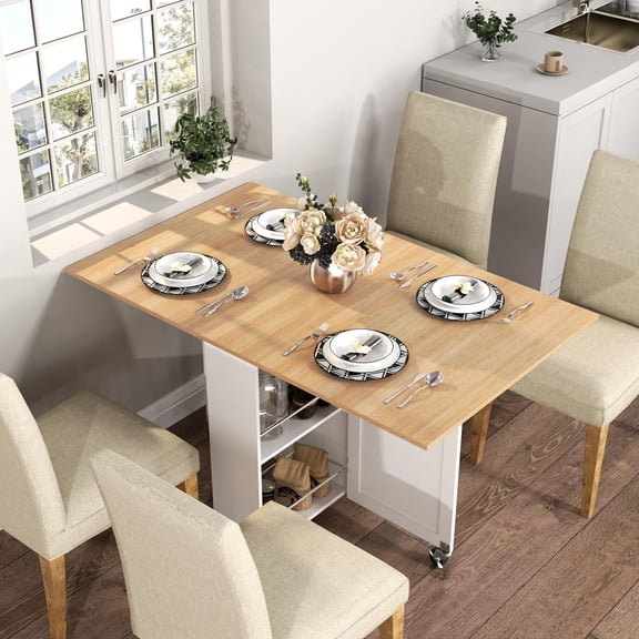 Folding Dining Table with Drawer Storage and Wheels for Small Spaces