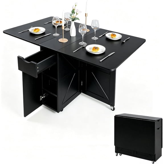 Folding Dining Table with Drawer and Storage Shelves, 53" Space Saving Foldable Dining Table with 6 Wheels, Drop Leaf Table for Small Spaces