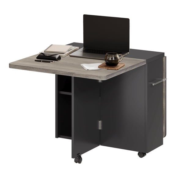 Folding Dining Table with Storage, Folding Kitchen Table with Wheels, Drawer & Shelves, Compact Dining Table for Small Spaces, Space Saving