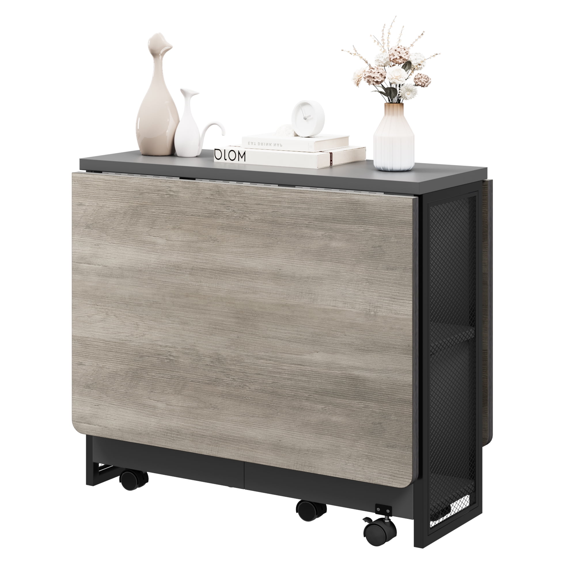 Folding Dining Table with Wheels and 2 Storage Racks Space Saving ...