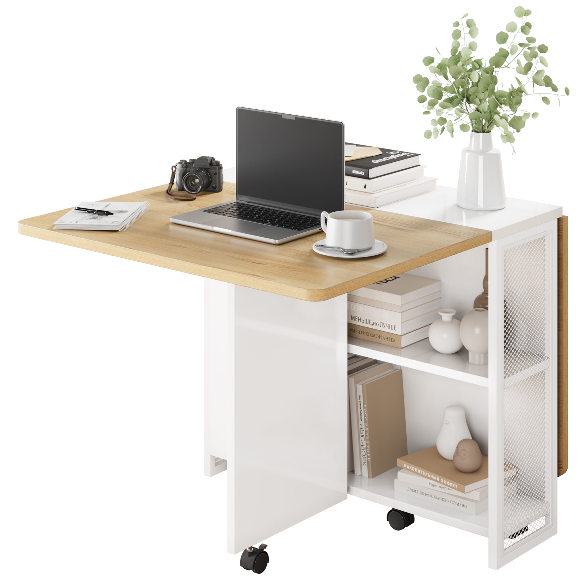 Twenty Racks A Table Folding Dining Table with Wheels and 2 Storage Racks Space Saving ...