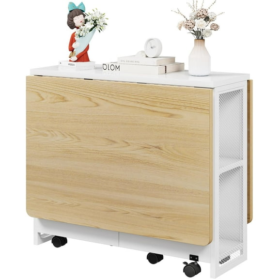 Folding Dining Table with Wheels and 2 Storage Racks, Space Saving Kitchen, Dining Room Table, 50" D x 31.4" W x 29.5" H