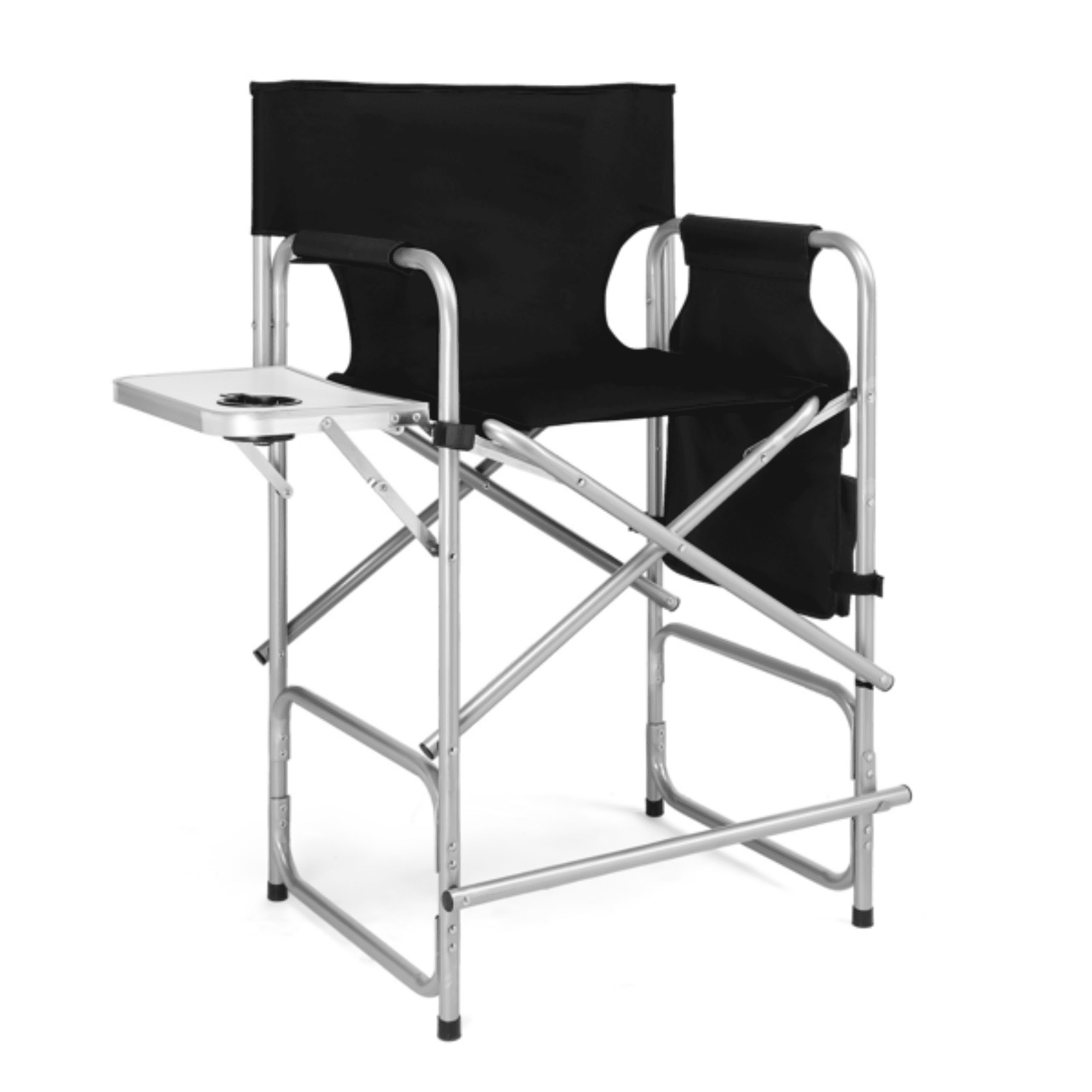 Folding Director Chair with Side Table & Storage Pockets, 41"x23.6"x26.4" Heavy Duty Spray-Coated Metal Frame Makeup Artist Chair, Supports 300 LBS, Black Oxford Fabric, No Carry Bag