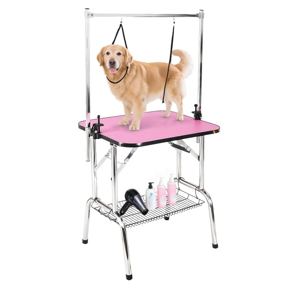 Folding Dog Grooming Table, Adjustable Height Pet Station with Arm & Storage Black table legs | Pink tabletop | 36 inches