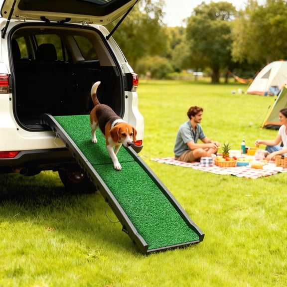 Folding Dog Ramp 61 Inch Extra Long Black Green High Traction Grass Surface 198Lbs Max Load PP Frame For Pet Car Travel