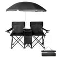 thumbnail image 1 of Folding Double Camping Chair w/Umbrella Beverage Holder Carrying Bag Cooler Fold Up Table, Large Bearing Capacity for Beach Patio Pool Park Outdoor Black, 1 of 10