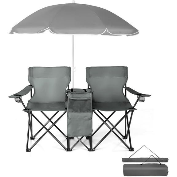 Folding Double Camping Chair w/Umbrella Beverage Holder Carrying Bag Cooler Fold Up Table, Large Bearing Capacity for Beach Patio Pool Park Outdoor Gray