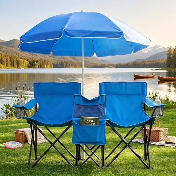 Folding Double Camping Chair with Umbrella and Cooler for Outdoor Beach Pool Park