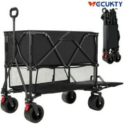 Folding Double Decker Camping Wagon, VECUKTY Heavy Duty Collapsible Garden Wagon Cart with 54" Lower Decker, All-Terrain Big Wheels Support Up to 500lbs, Black
