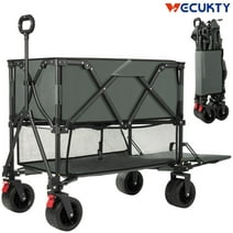 Folding Double Decker Camping Wagon, VECUKTY Heavy Duty Collapsible Outdoor Wagon Cart with 54" Lower Decker, All-Terrain Big Wheels Support Up to 500lbs, Gray