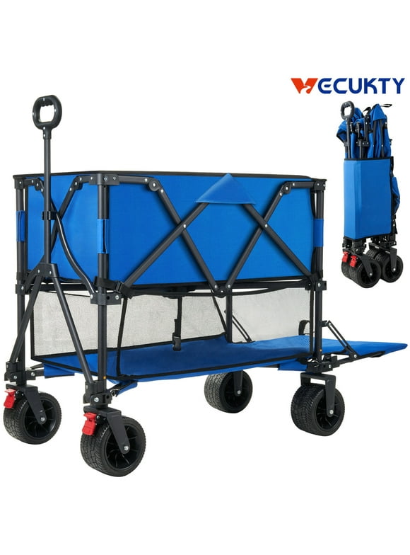 Folding Double Decker Camping Wagon, Vecukty Heavy Duty Collapsible Wagon Cart with 54" Lower Decker, All-Terrain Big Wheels for Camping, Sports, Shopping, Beach, Support Up to 500lbs, Blue