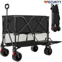 Folding Double Decker Garden Wagon, VECUKTY Heavy Duty Collapsible Camping Wagon Cart with 54" Lower Decker, All-Terrain Big Wheels Support Up to 500lbs, Black