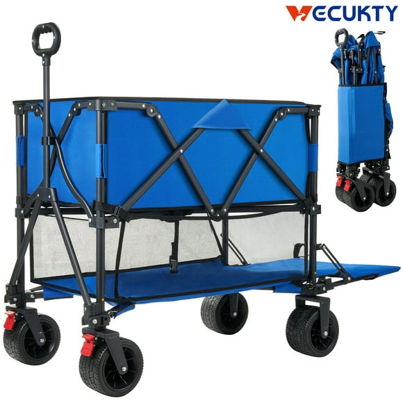 Folding Double Decker Garden Wagon, VECUKTY Heavy Duty Collapsible Wagon Cart with 54" Lower Decker, All-Terrain Big Wheels for Camping, Sports, Shopping, Garden and Beach, Support Up to 500lbs, Blue