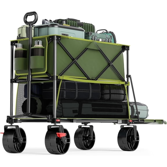 Folding Double Decker Wagon Cart, Multi Tier Heavy Duty Utility Grocery Trolley, Collapsible Outdoor Camping Storage Carrier With All Terrain Wheels And Brakes, Modern Utility Style, Green, 1 Pack