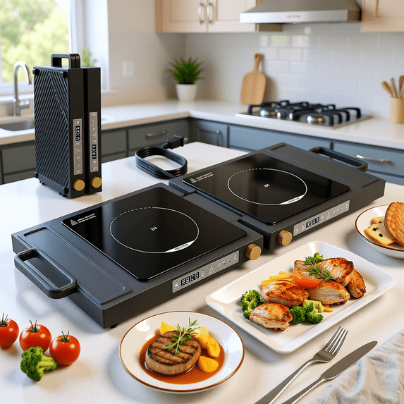 Folding Double Induction Cooktop, 1800W Portable Electric Stove with Knob Control, 8 Temp Levels (140°F-464°F), Timer for Outdoor Camping, RV Kitchen,black