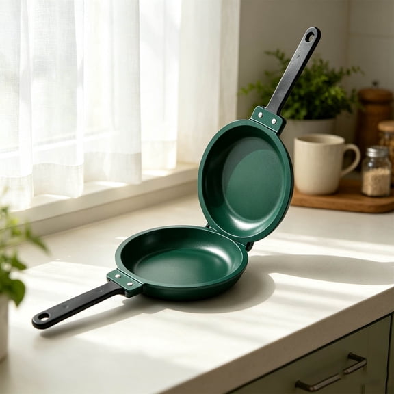 Folding Double Sided Omelet Pan, 14.2x7.5in Upgraded Non-Stick Coating Flip Frying Pancake Pan, For Home Kitchen, Pancake and Omelet Maker (Green)