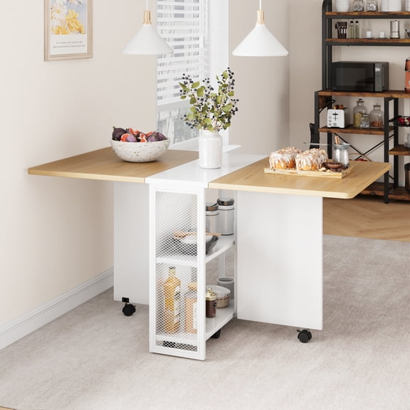 Folding Drop Leaf Dining Table with 6 Wheels & Storage Shelf, Mobile Foldable Kitchen Table for Small Spaces, Space Saving Dining Cart with 2-Tier Shelf for Apartment Living Room, Natural