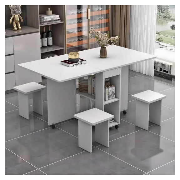 Folding Drop Leaf Dining Table Set for 4 with 4 Chairs, Space Saving Foldable Dining Table with Storage and 6 Wheels, 47.2 inch D x 23.6 inch W x 30.3 inch H, White