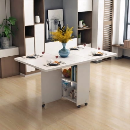 Folding Dining Table Modern Drop Leaf with 6 Wheels 2-Tier Storage Shelf Space Saving for Small Apartment Kitchen, White