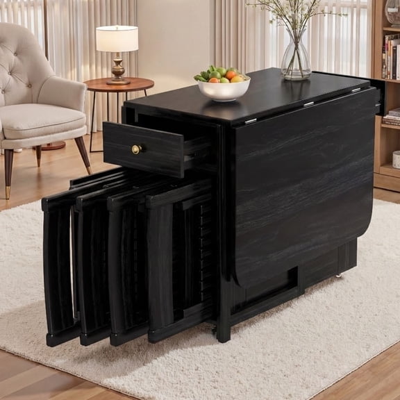 Folding Drop Leaf Dining Table Set with 2 Chairs, Space Saving for Small Spaces, Black 51 Inch