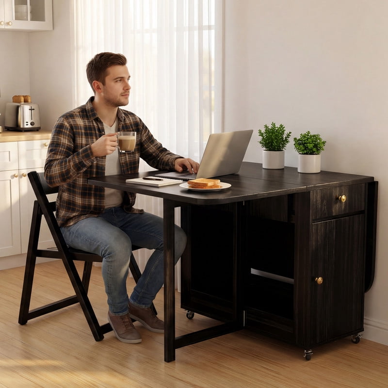 drop-leaf table folded and extended in small apartment with stackable chairs