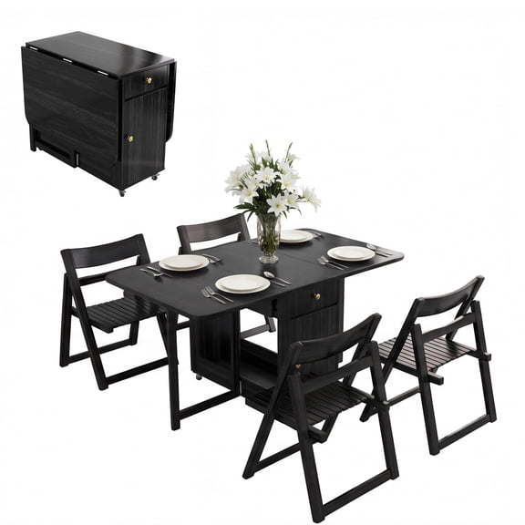 Folding Drop Leaf Dining Table Set with 4 Chairs, Space Saving for Small Spaces, Black 51 Inch