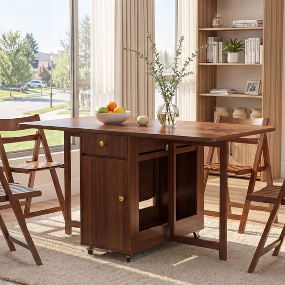 Folding Drop Leaf Dining Table Set with 6 Chairs, Space Saving for Small Spaces, Walnut 51 Inch