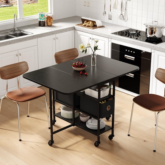 Folding Drop Leaf Dining Table with Drawer & 2 Shelves, 45.35" Open Length