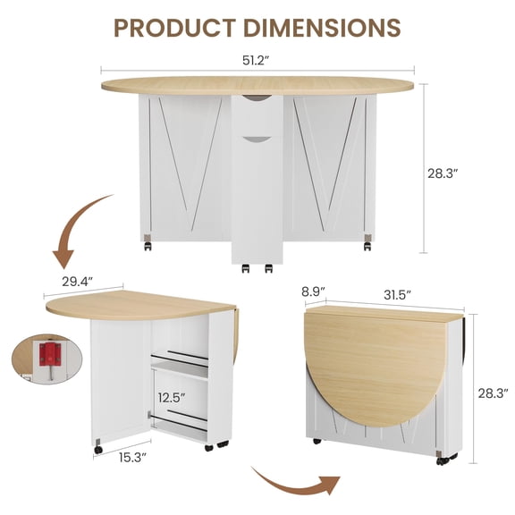 TENSAKEE Folding Drop Leaf Oval Dining Table, Rolling Kitchen Table with Locking Casters, Wine Rack & Storage Drawer, for Small Apartments & RVs