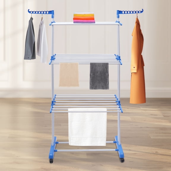 Folding Dryer Hanger Storage with 6 Retractable Trays, 2 Side Wings, Bottom Rack for Shoes and Bags, Movable with Rolling Wheels, Modern Metal Design