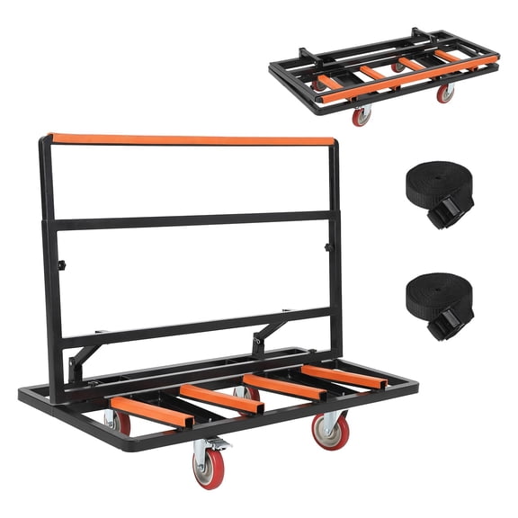 Folding Drywall Cart Dolly with 5" Casters, 2000 LBS Capacity, Adjustable Handle & Tie-Down Straps for Plywood, Plasterboard, Glass Panel Moving