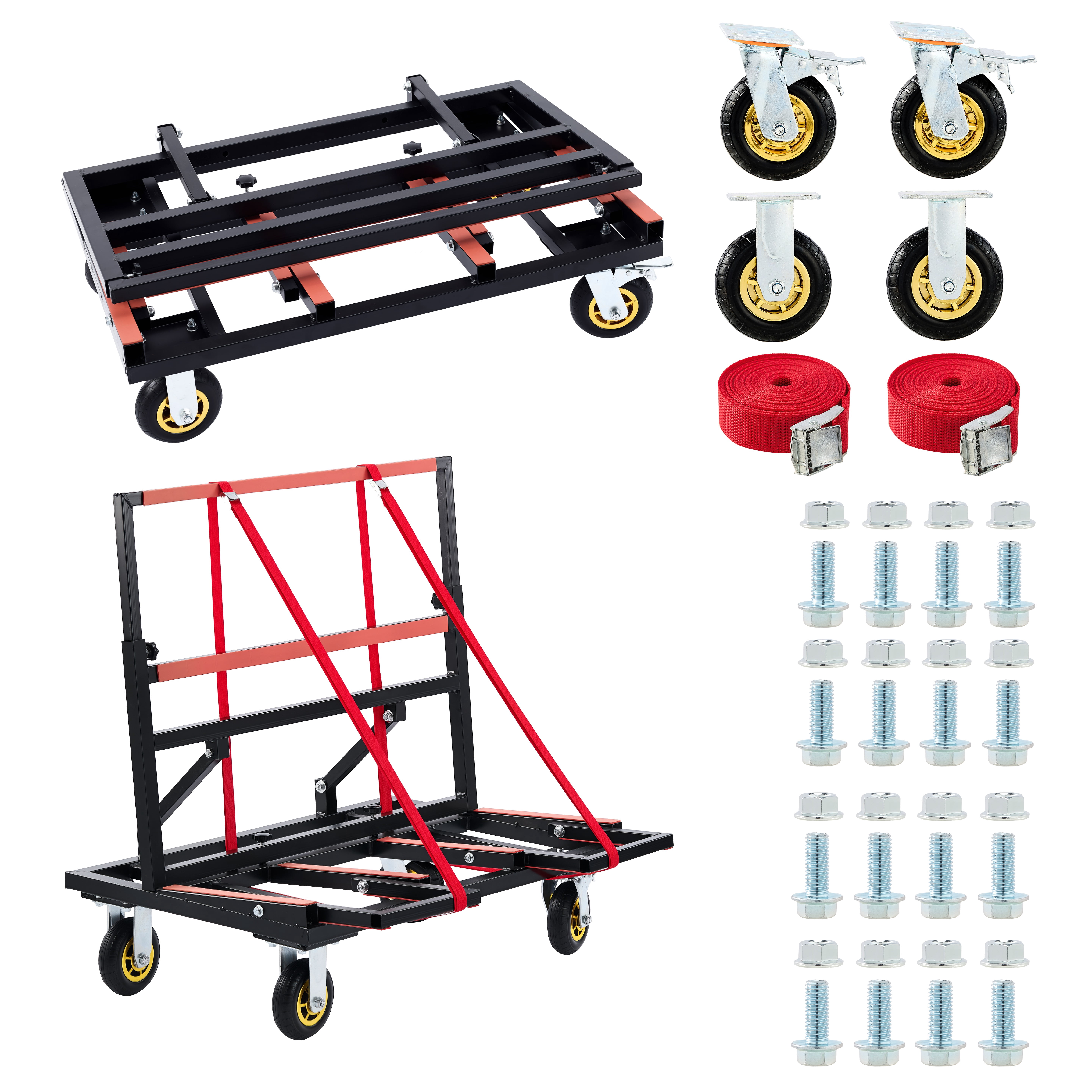 Folding Drywall Dolly with 4X6" Casters, 2000 LBS Load Capacity, Expandable Deck and Back Frame, Portable Panel Cart for Versatile of Handling Plywood, Plasterboard, Glass with 2PCS Tie-Down Strapp