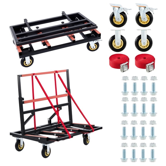 Folding Drywall Dolly with 4X6" Casters, 2000 LBS Load Capacity, Expandable Deck and Back Frame, Portable Panel Cart for Versatile of Handling Plywood, Plasterboard, Glass with 2PCS Tie-Down Strapp