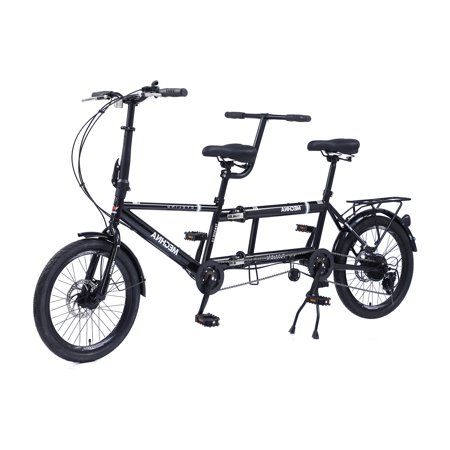 Folding Dual Drive Tandem Bike, Adult Beach Cruiser Double Bike, 20-Inch Wheels, 7 Speed, Dual Disc Brakes,3 Setas Bicycle for Women Men Senior Couple,Black