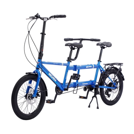 Folding Dual Drive Tandem Bike, Adult Beach Cruiser Double Bike, 20-Inch Wheels, 7 Speed, Dual Disc Brakes,3 Setas Bicycle for Women Men Senior Couple,Blue