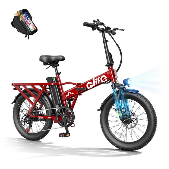 Hunter Folding Electric Bike for Adults, 20"x 3.0" Fat Tire EBikes, 7-Speed Removable Battery EBicycle, 500W Motor 48V 13.5Ah 28MPH 65Mi Max Range, Red with Free Phone Bag