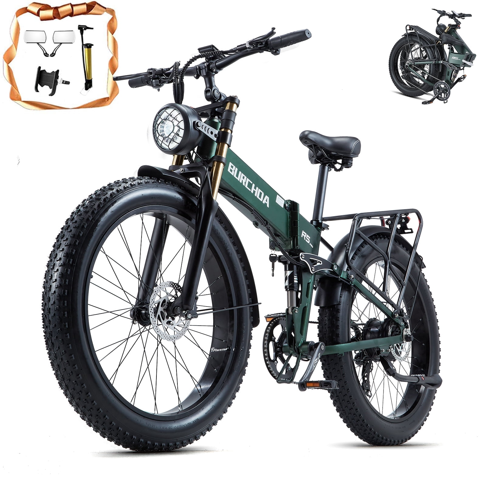 Folding Electric Bike for Adult 26'', 1500W E-Mountain Bike 48V 20Ah UL2849 Removable Battery Fat Tire Ebike up to 30MPH Long Range Off Road Ebike Beach Snow Dual Hydraulic&Brakes Bicycle