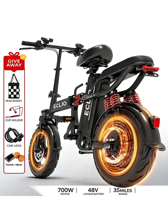 ECLIO Folding Electric Bike for Adults, 800W Peak Motor Electric Bicycles , 48V 14Ah Removable Battery, Up to 50 Miles Range, 14" Wide Tires, Full Suspension Ebike - Black