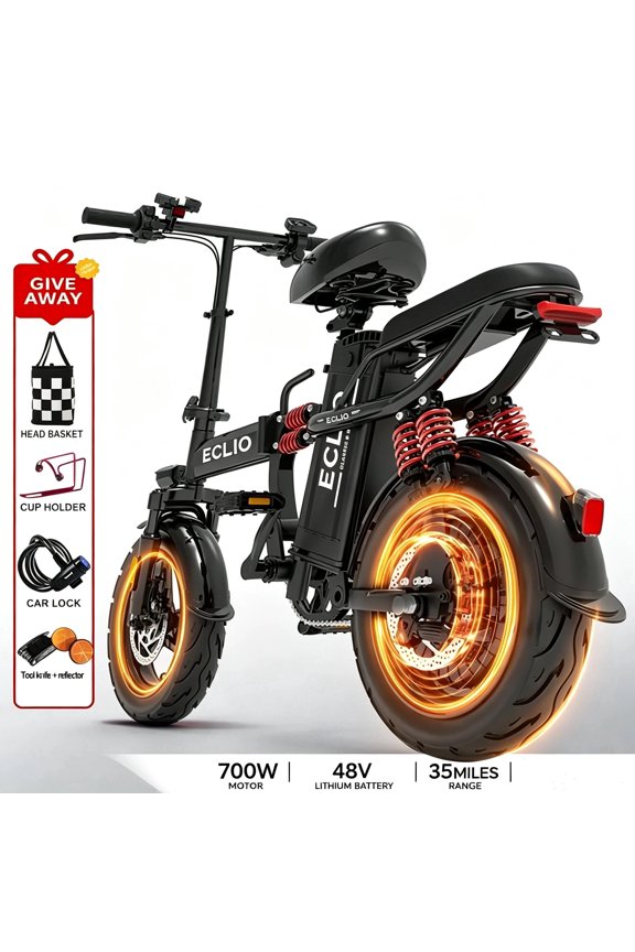 ECLIO Folding Electric Bike for Adults, 800W Peak Motor Electric Bicycles , 48V 14Ah Removable Battery, Up to 50 Miles Range, 14" Wide Tires, Full Suspension Ebike - Black