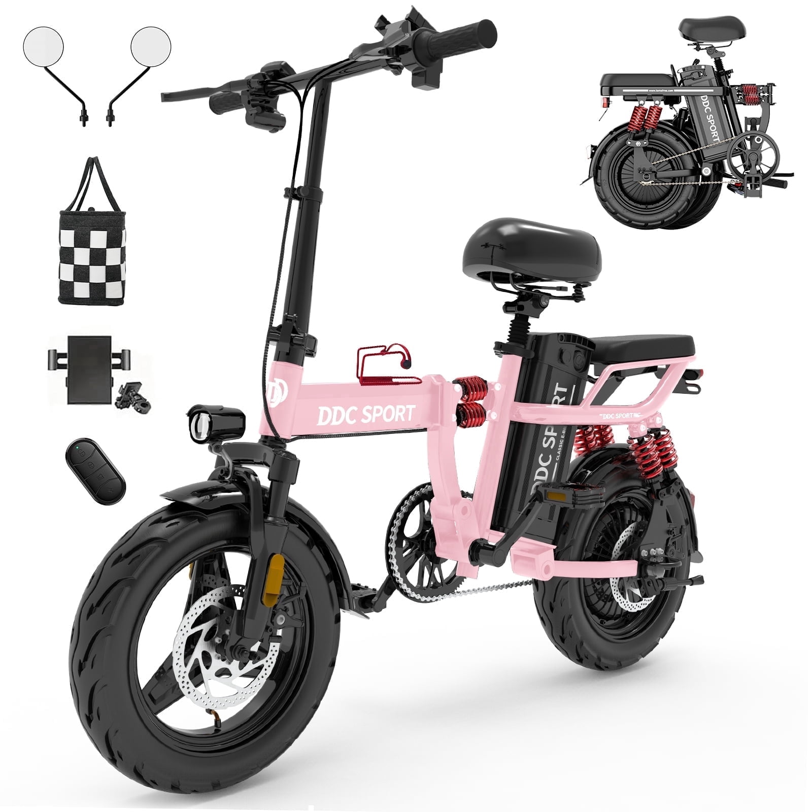 Folding Electric Bike, Electric Bicycle with 48V 14AH Removable Battery, Folding Electric Bike for Adults Teens,14'' Ebike Urban City with 700W Motor, 10 Shock Absorptions UL2849,Pink