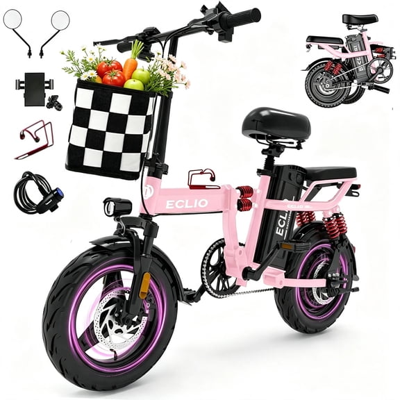 Folding Electric Bike, Electric Bicycle with 48V 14AH Removable Battery, Folding Electric Bike for Adults Teens,14'' Ebike Urban City with 700W Motor, 10 Shock Absorptions UL2849,Pink