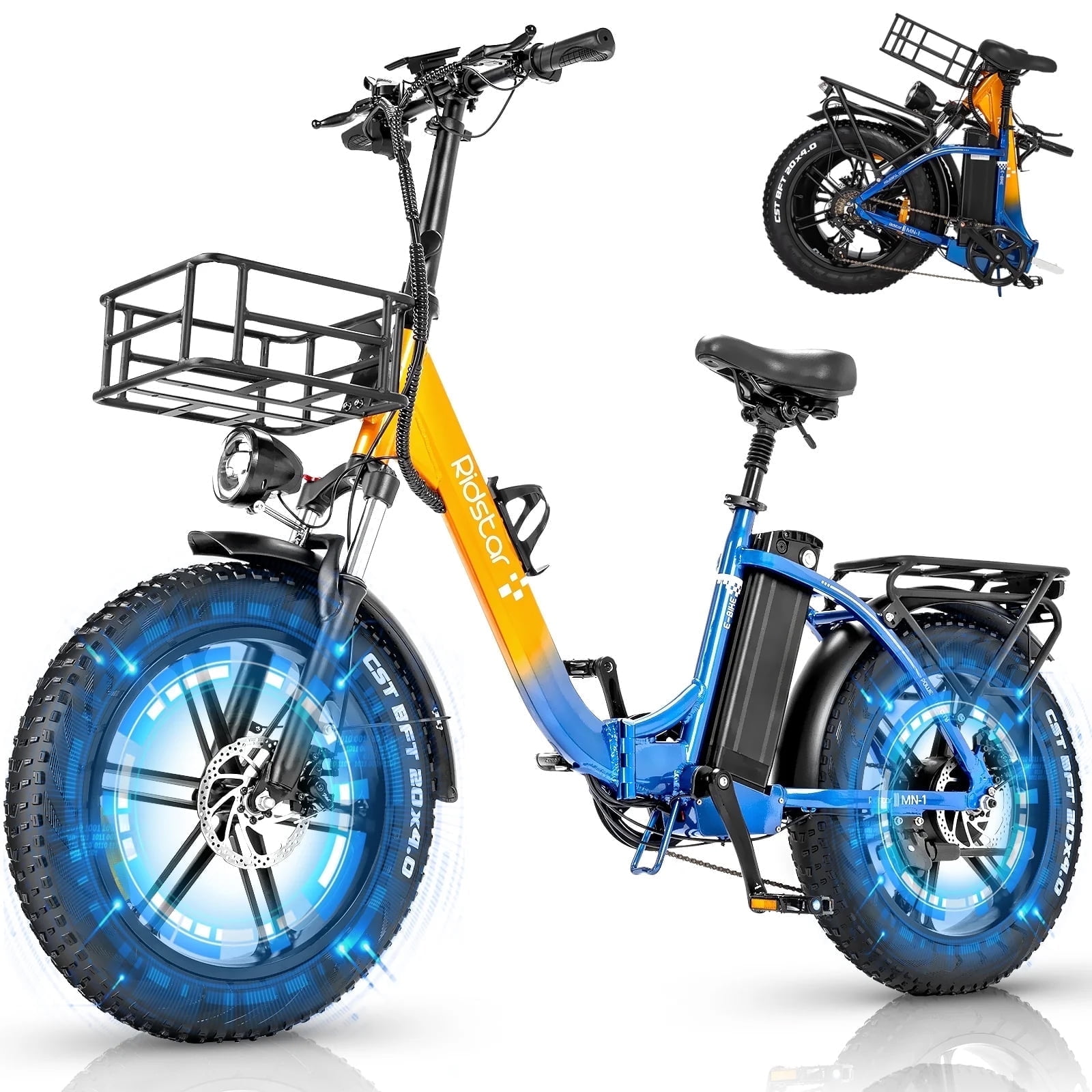 Ridstar Electric Bicycle for Adults,1000W 30MPH,48V 15Ah Folding Ebike,20''Fat Tire 7-Speed Full Suspension Mountain Bike UL2849