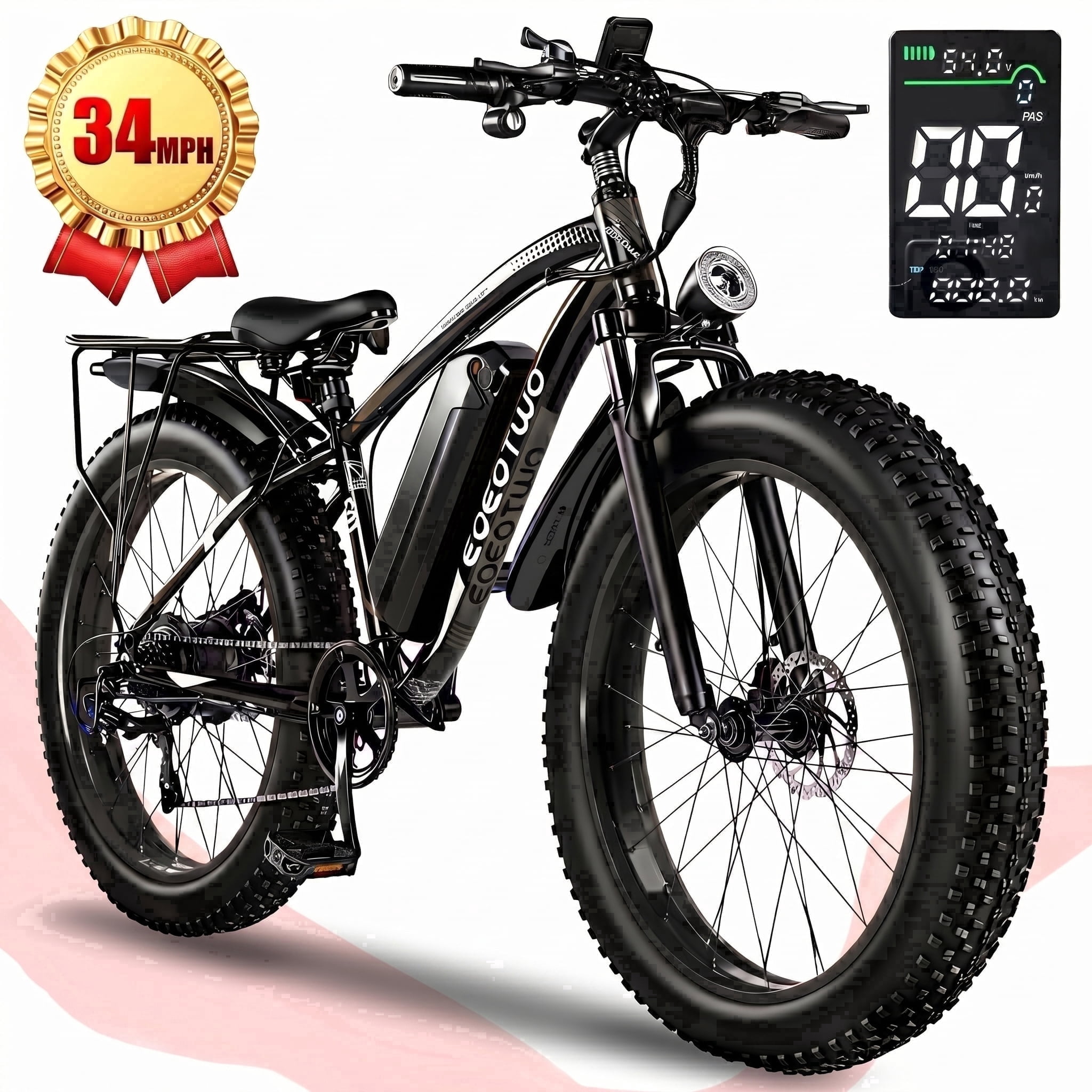 EOEOTWO 26" Fat Tire Electric Bike for Adults 1500W Peak Motor, 48V 15Ah Removable Battery, 34 MPH Fast E-Bike with 60-Mile Range, All-Terrain Mountain Bicycle with Front Suspension, UL2849 Certified