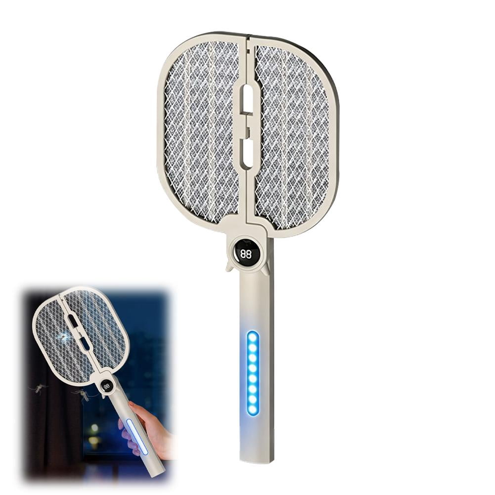 Folding Electric Mosquito Racket 2-in-1 Handheld Bug Zapper & Mosquito Attraction Beads, Lamp, Rechargeable, 8 LED