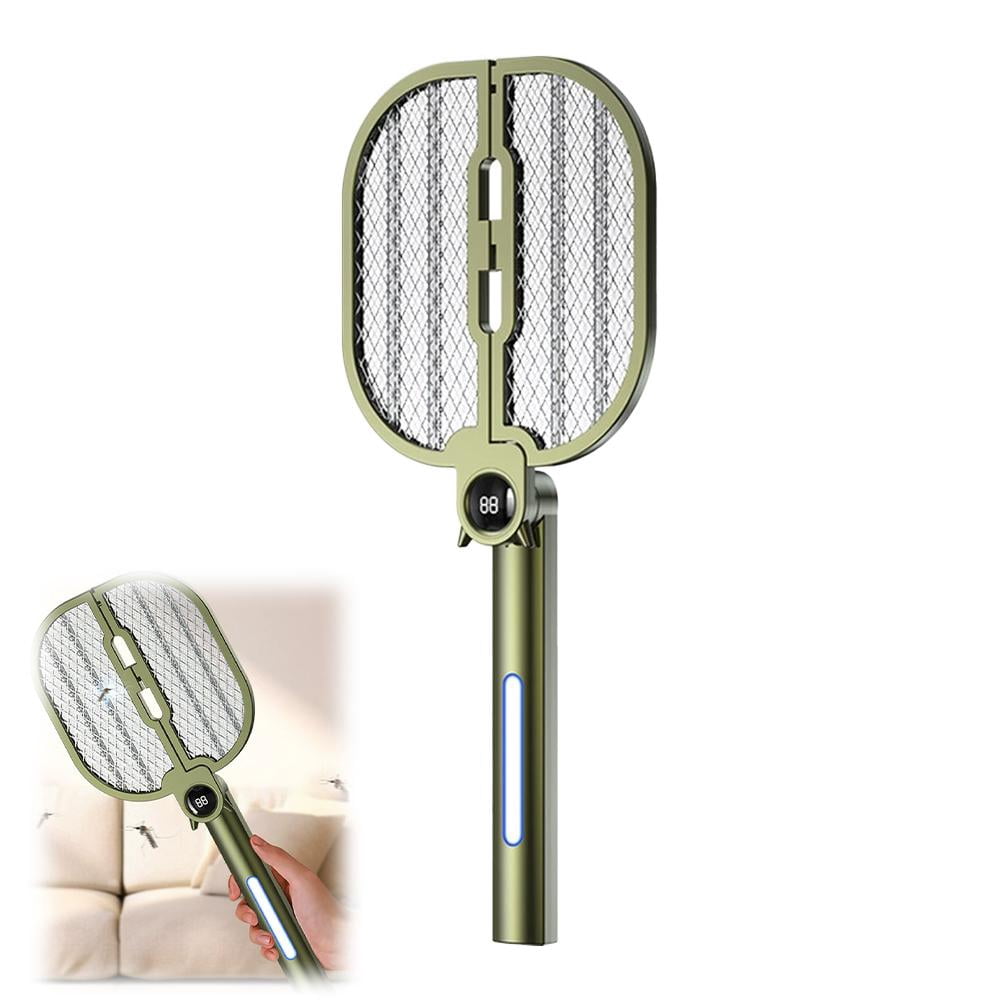 Folding Electric Mosquito Racket 2-in-1 Handheld Bug Zapper & Mosquito Attraction Beads, Lamp, Rechargeable, 8 LED