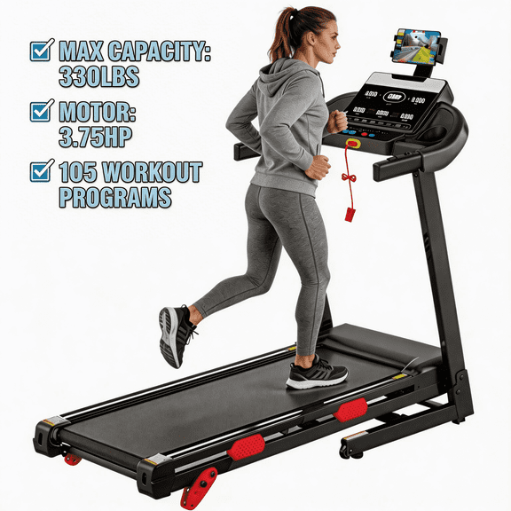 Folding Electric Treadmill for Home, 9MPH 3.75HP Portable Treadmill w/ 10% Incline for Running Walking Exercise, 330lbs Capacity, APP Control, 105 Programs, Treadmill for Home